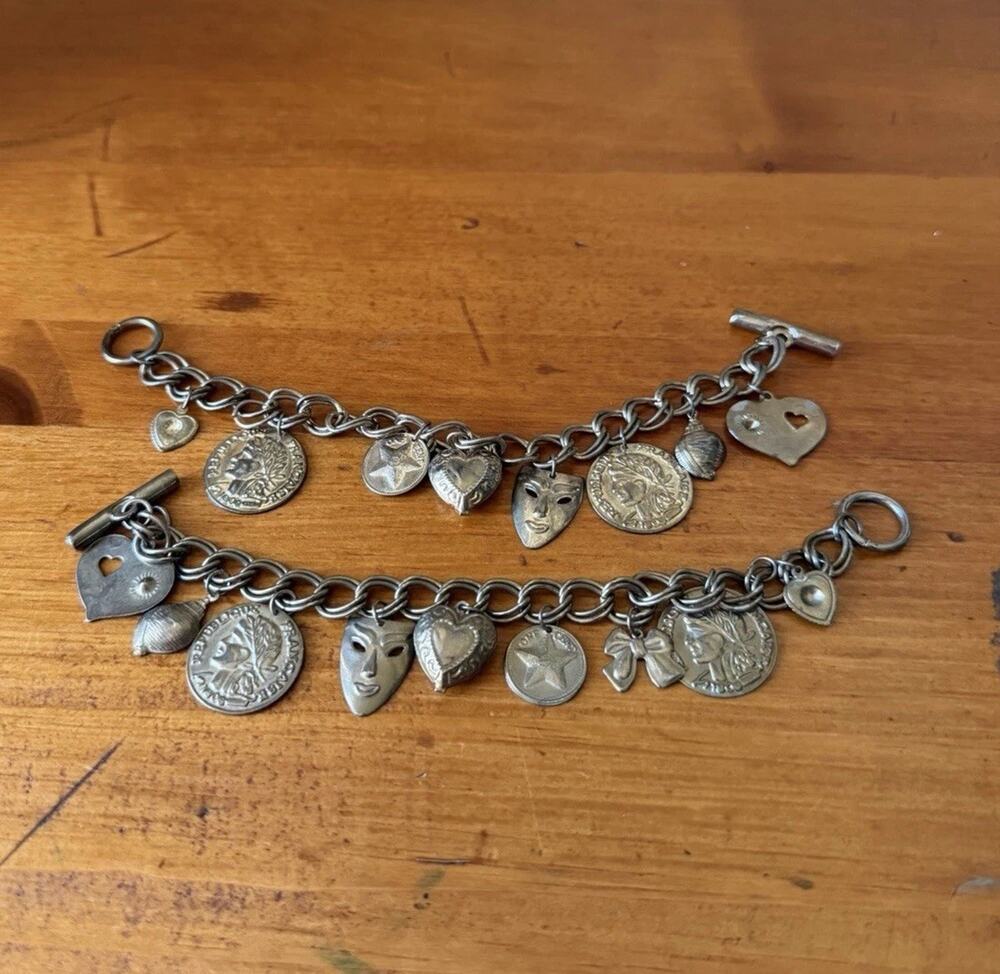 2 Vintage Style Coin Charm Bracelet Mixed Metal Dangle Charms Statement Jewelry